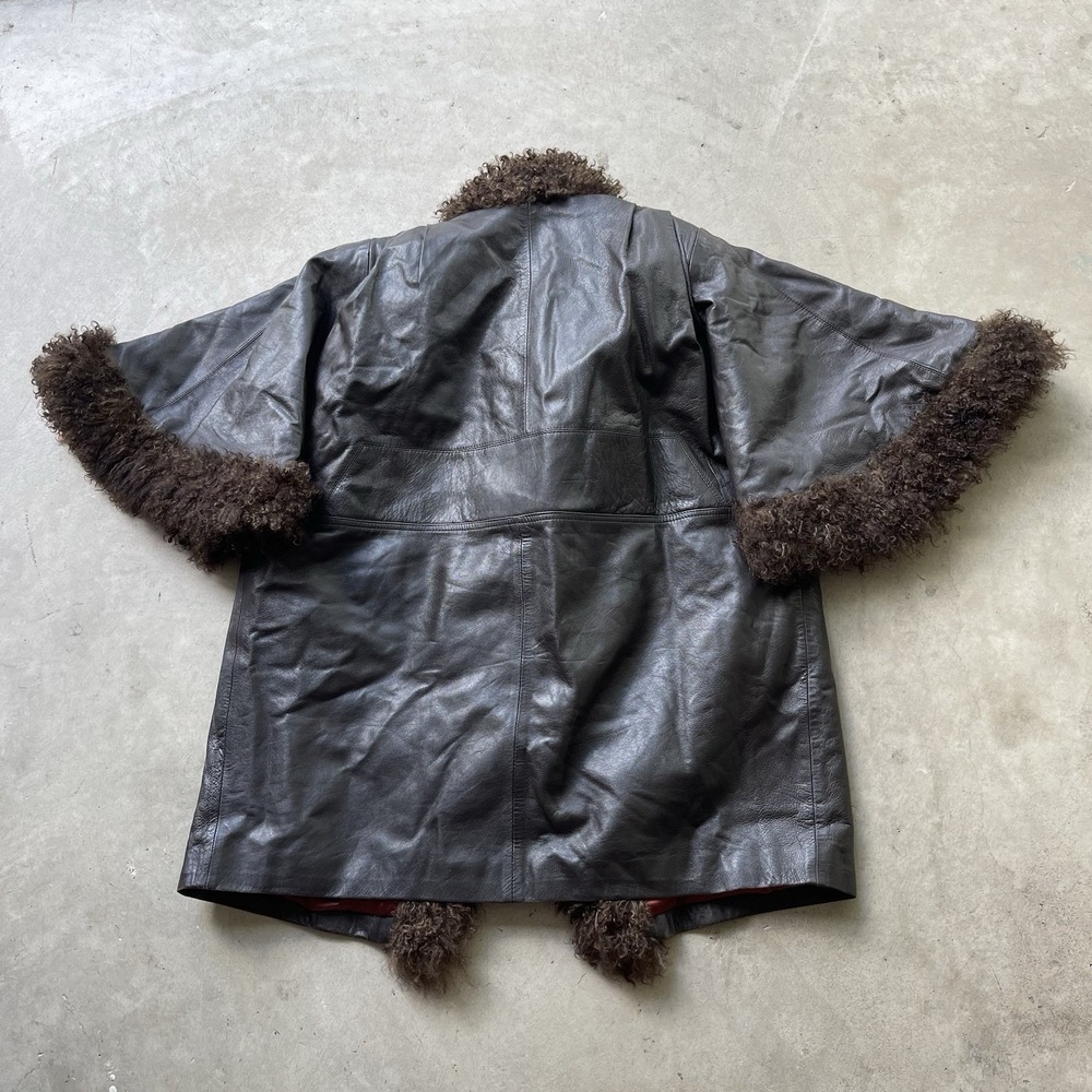 Vintage Tibetan Lamb Fur Trim Leather Coat Oversized Black Leather Size Large - Picture 8 of 8